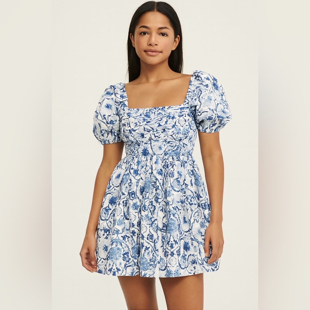 Abercrombie & Fitch Emerson Poplin Smocked Puff Sleeve Mini Dress XS NWT Blue